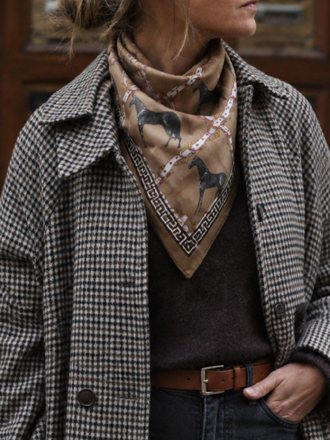 Horse-print scarf with Greek key border and dark accents