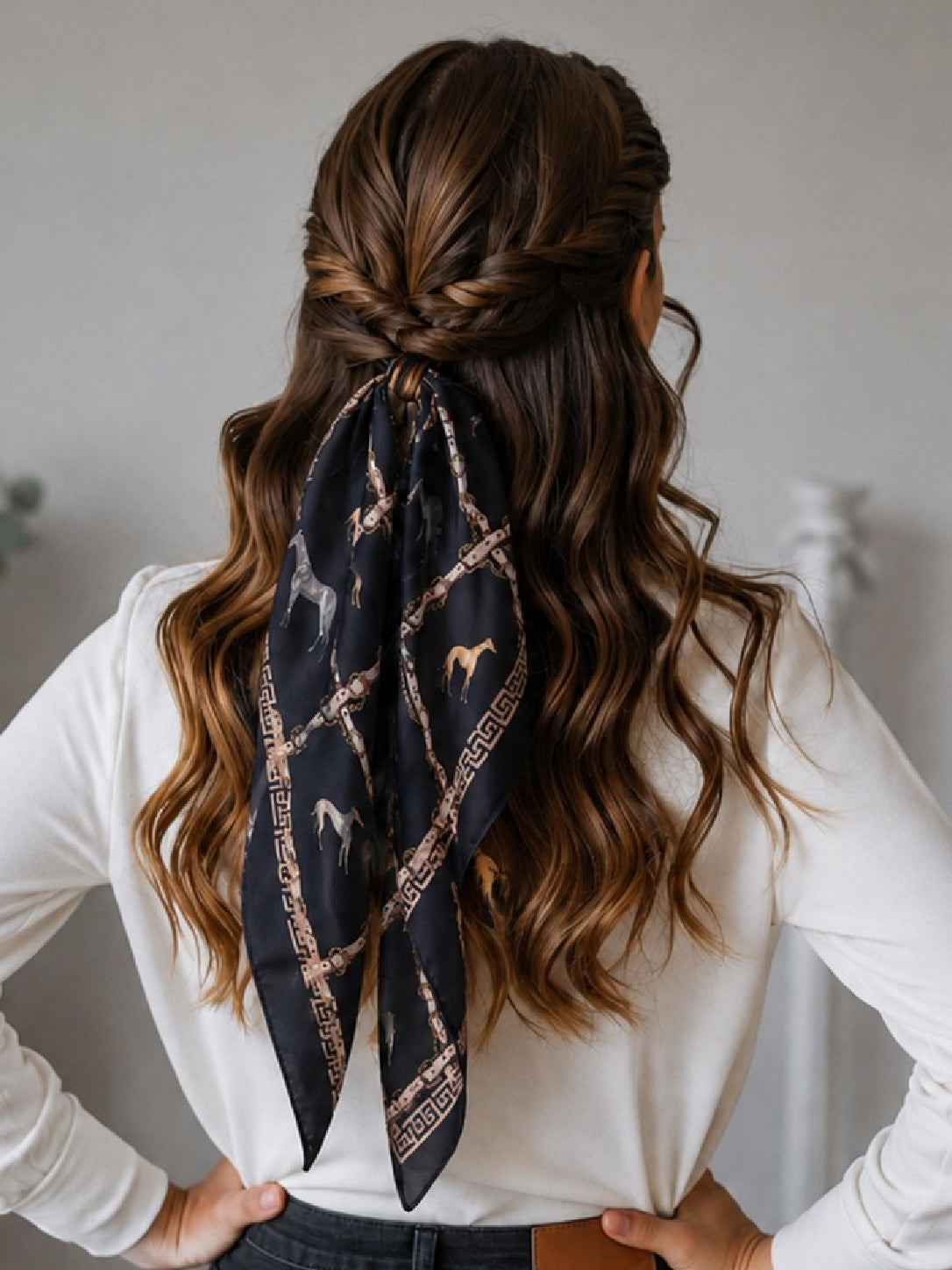 Navy horse-print scarf with Greek key border, long trailing ends