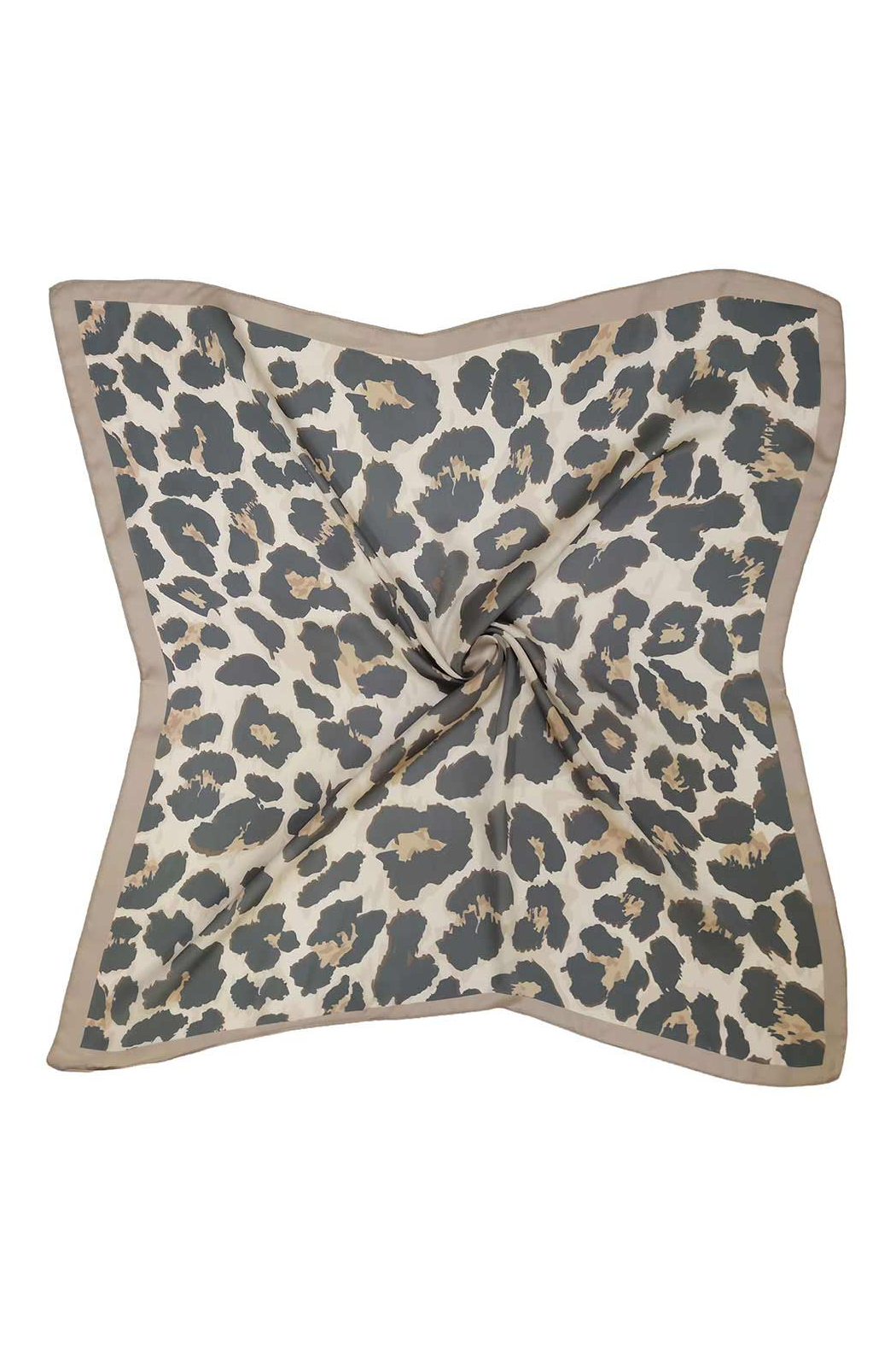 Square leopard-print scarf with taupe border, gathered at the center