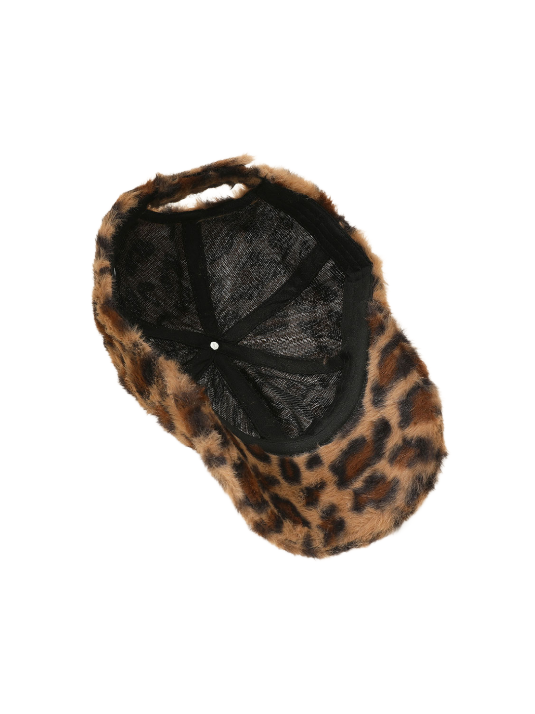 Leopard faux fur baseball cap with interior mesh panel and open back