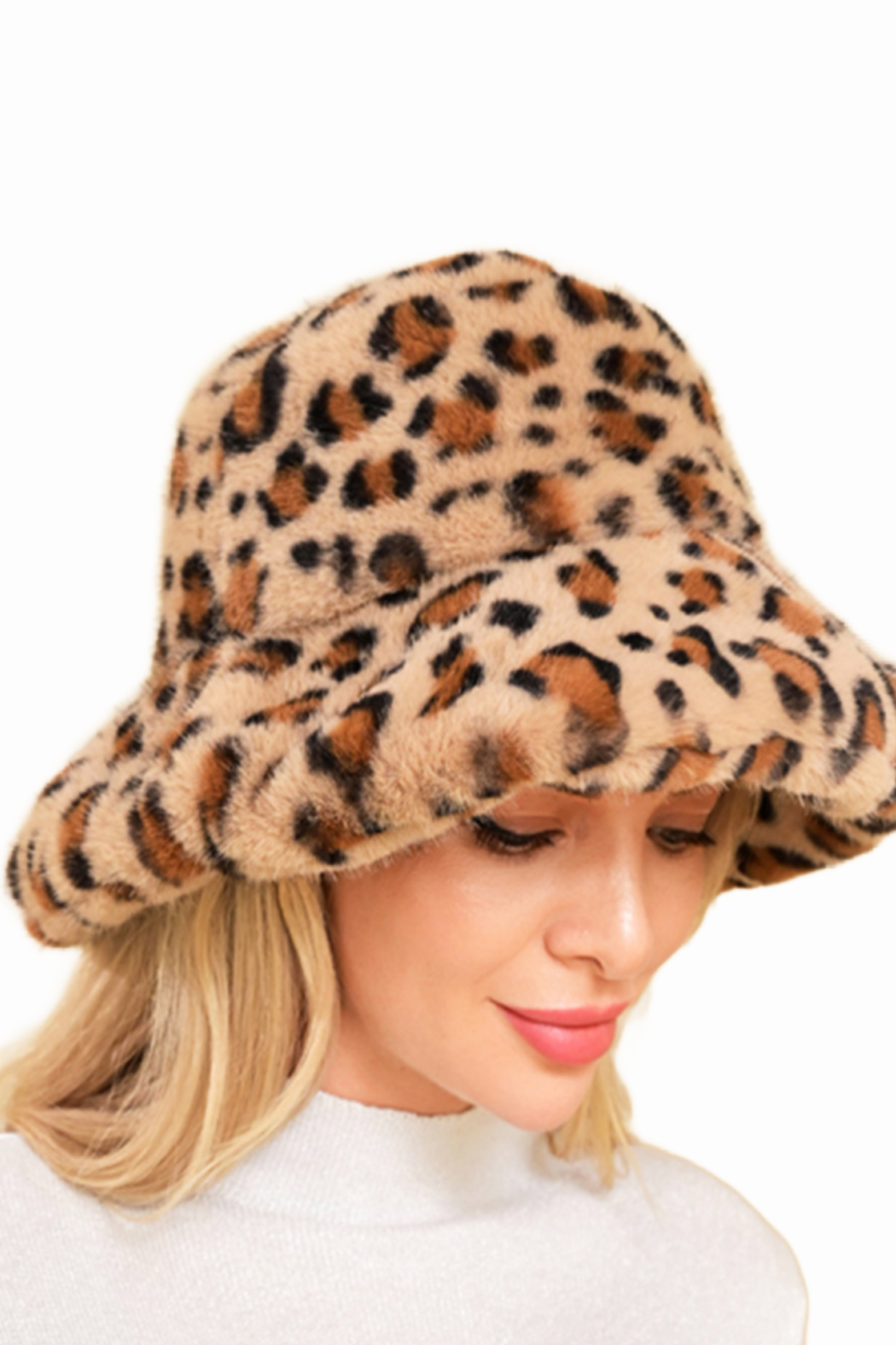 Faux Fur Leopard Print Bucket Hat