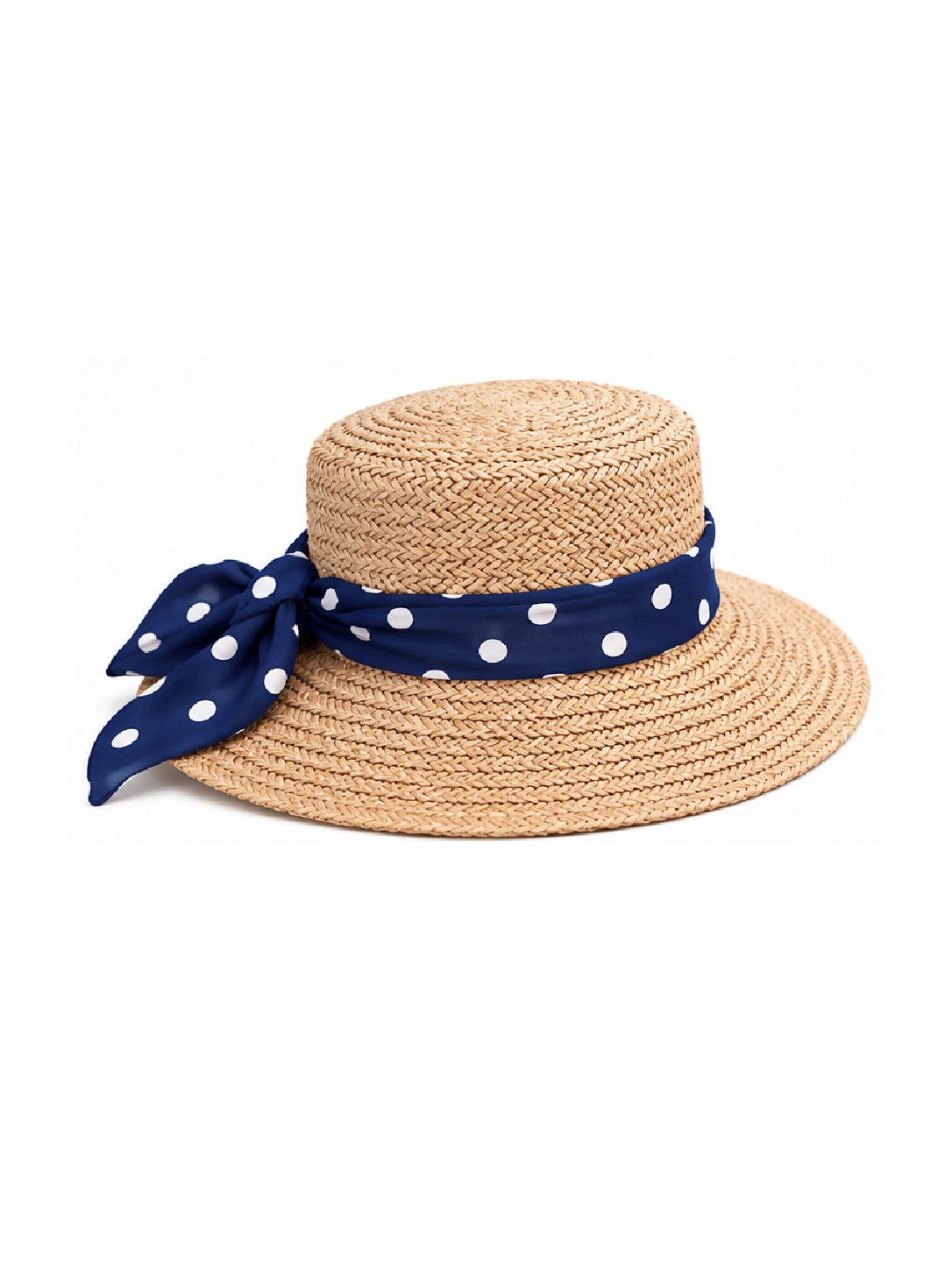 Straw boater hat with navy polka-dot band and tied bow, wide brim