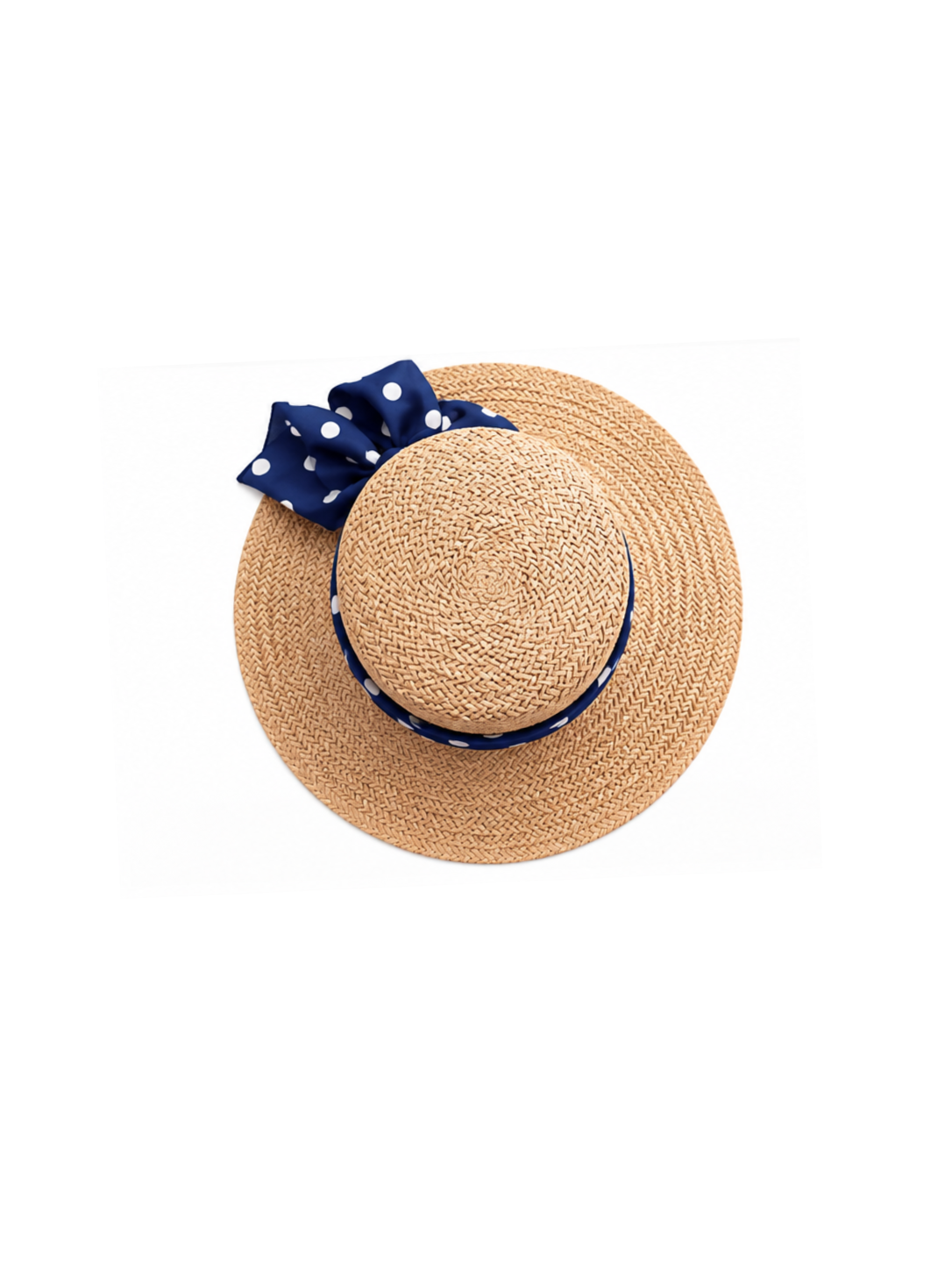 Straw boater hat with navy polka-dot band and bow, viewed from back