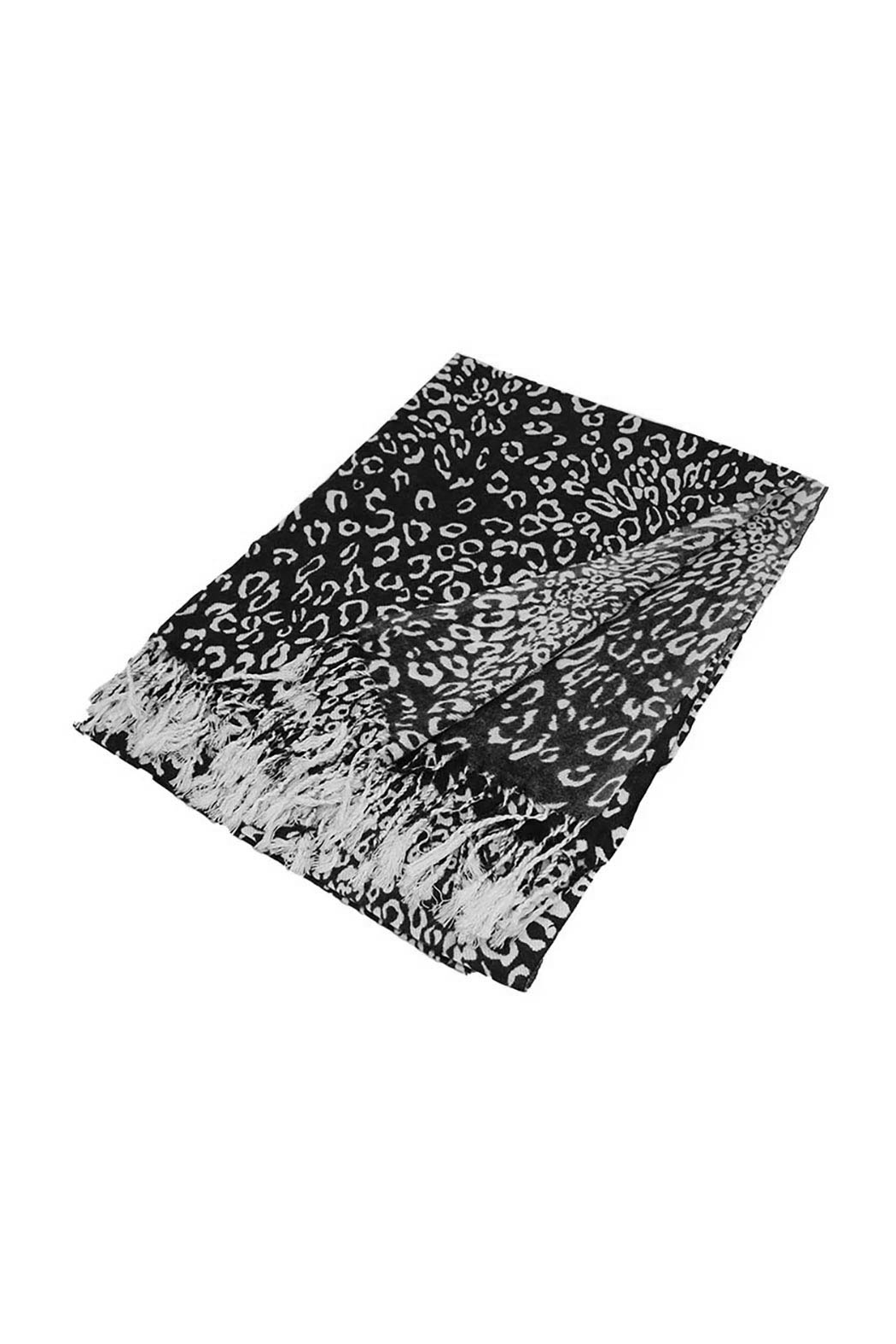 Folded black pashmina scarf with white leopard print and fringed edges.