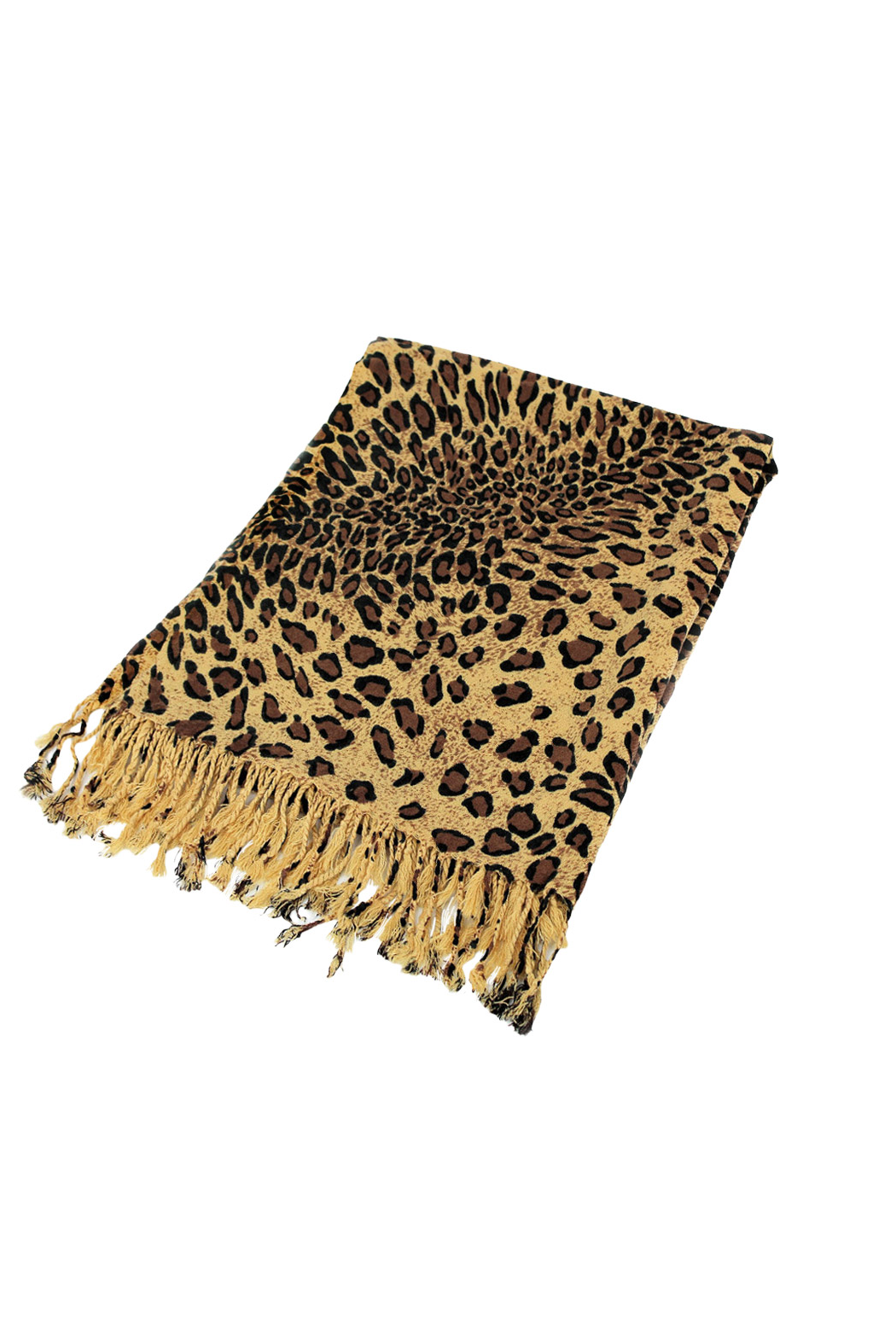 Beige leopard print pashmina scarf with dark spots and fringe.