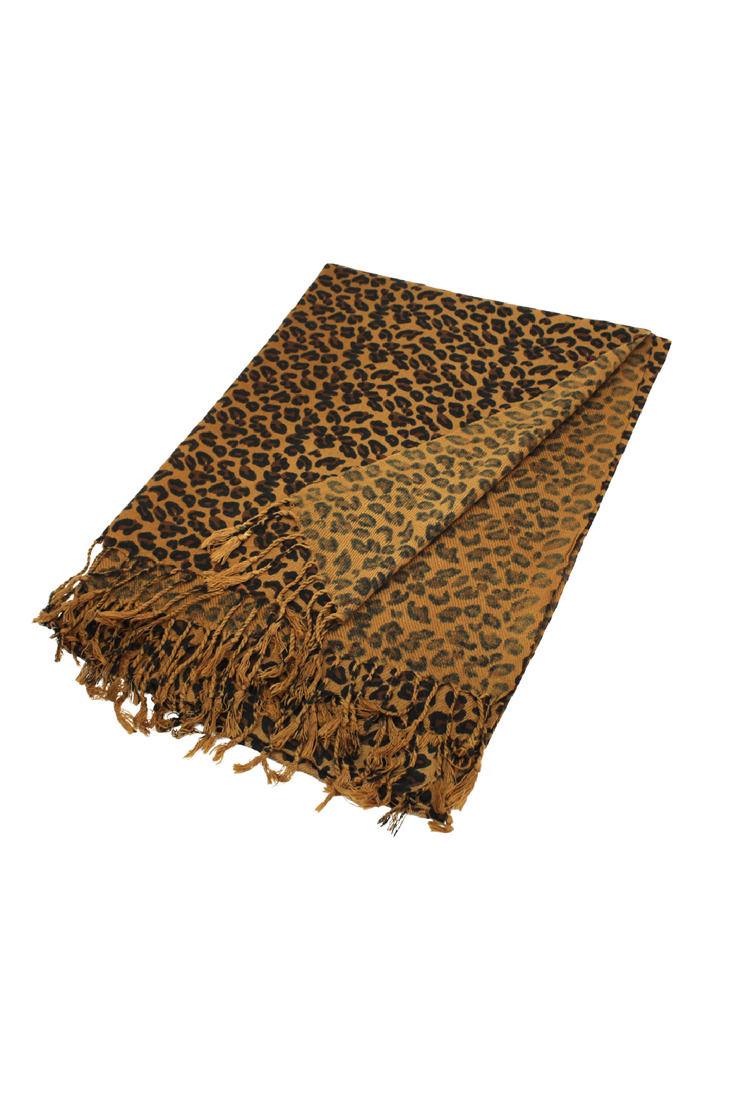 Brown leopard print pashmina scarf with matching fringe, folded to show both sides.