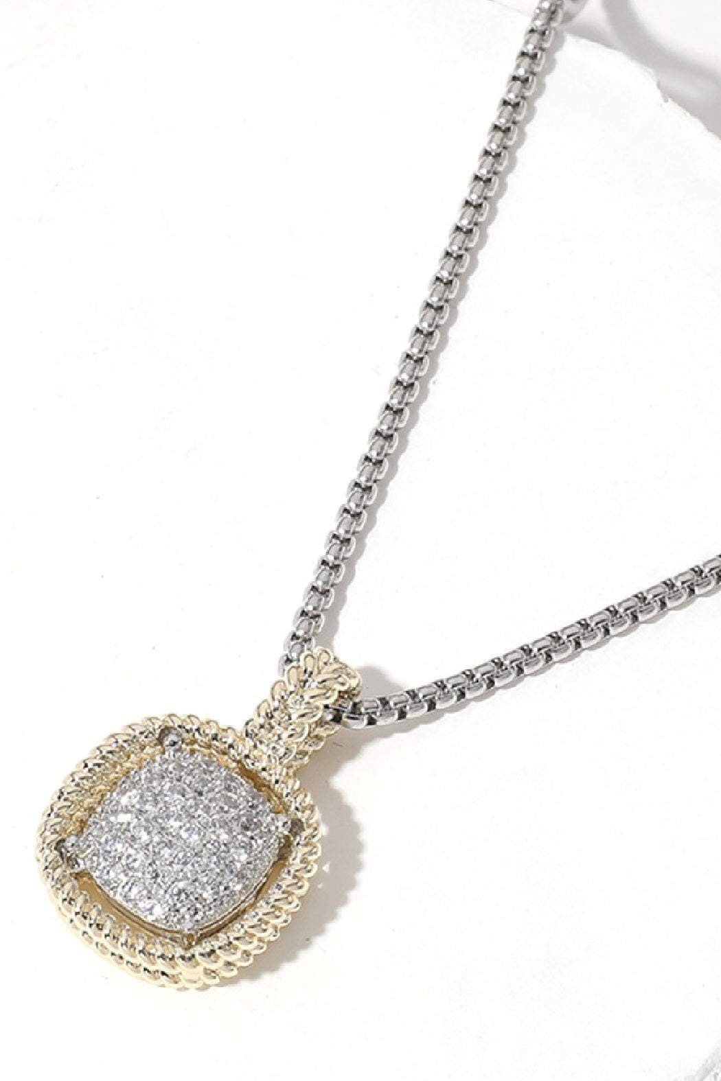 2 tone, pave cubic zirconia square pendant silver chain