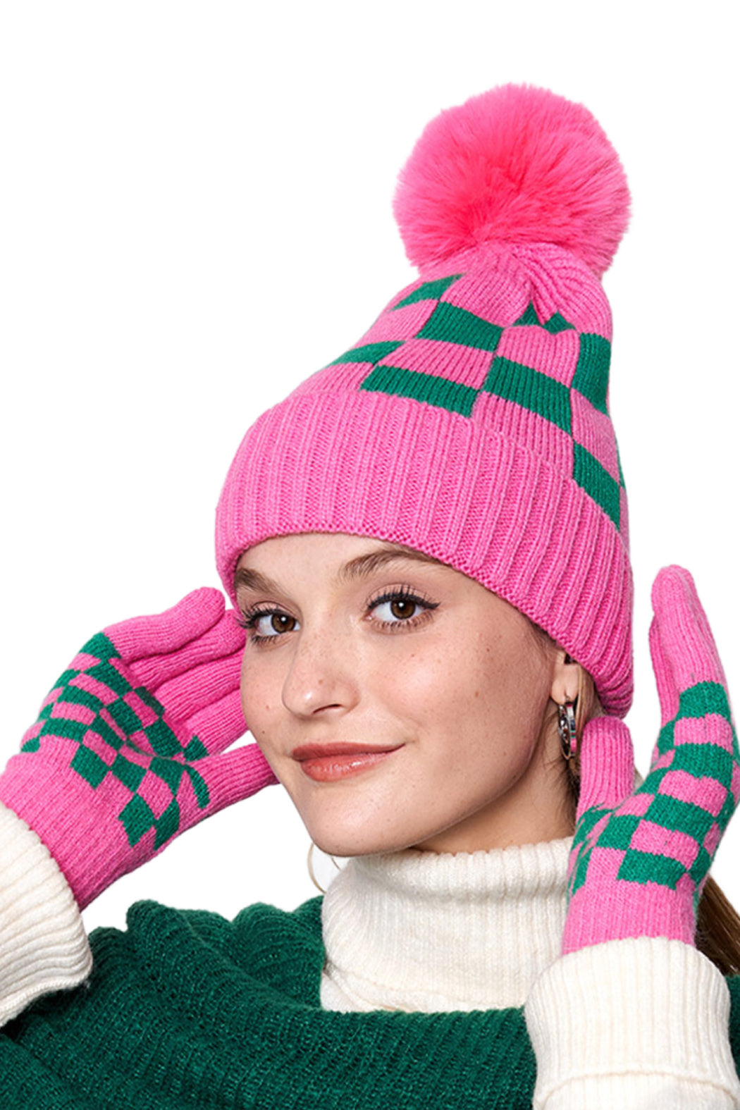 Pink and Green Checkered Beanie