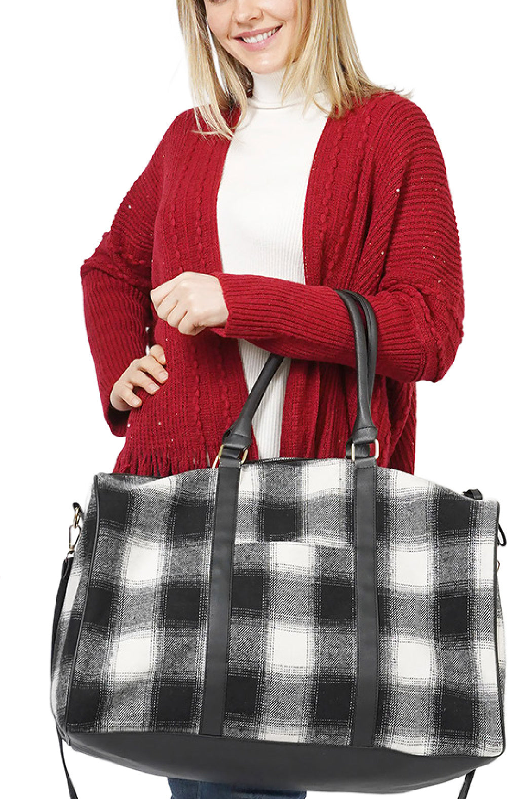 Black and White Plaid Duffle Crossbody Bag