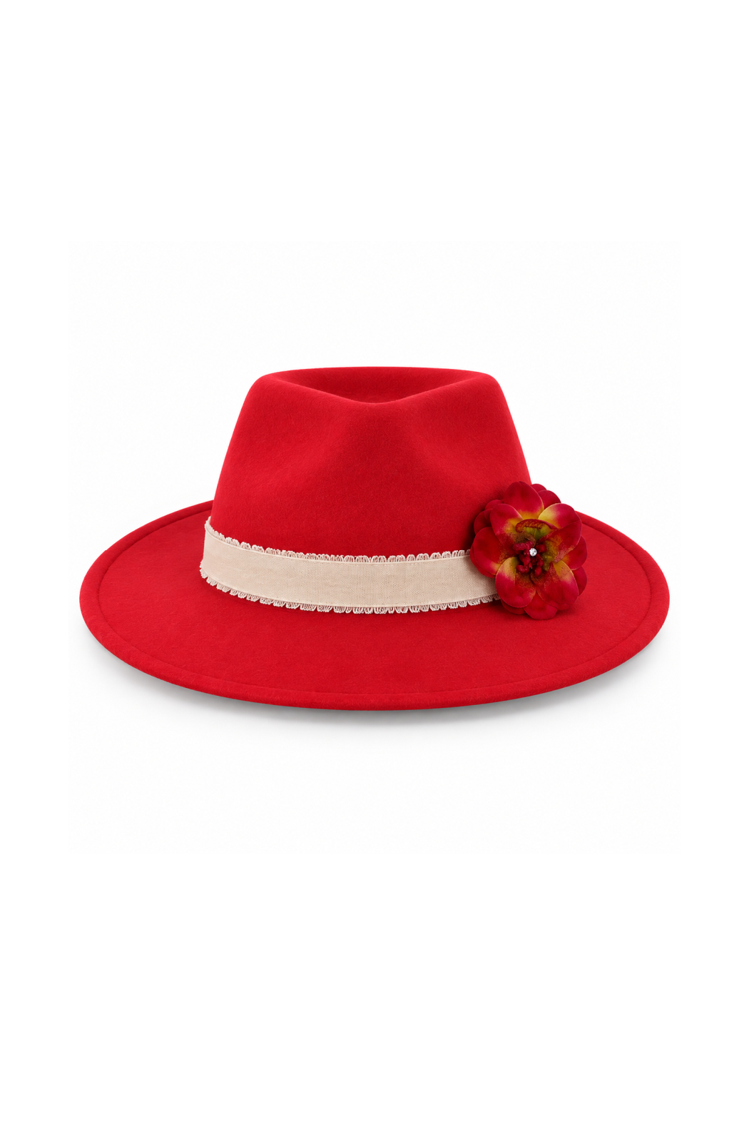 Classic fedora hat in red with ivory band and red fabric flower accent