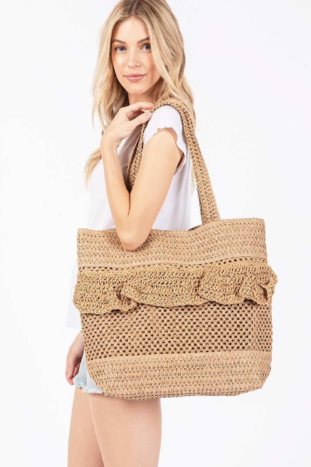 Ruffle Straw Tote Bag