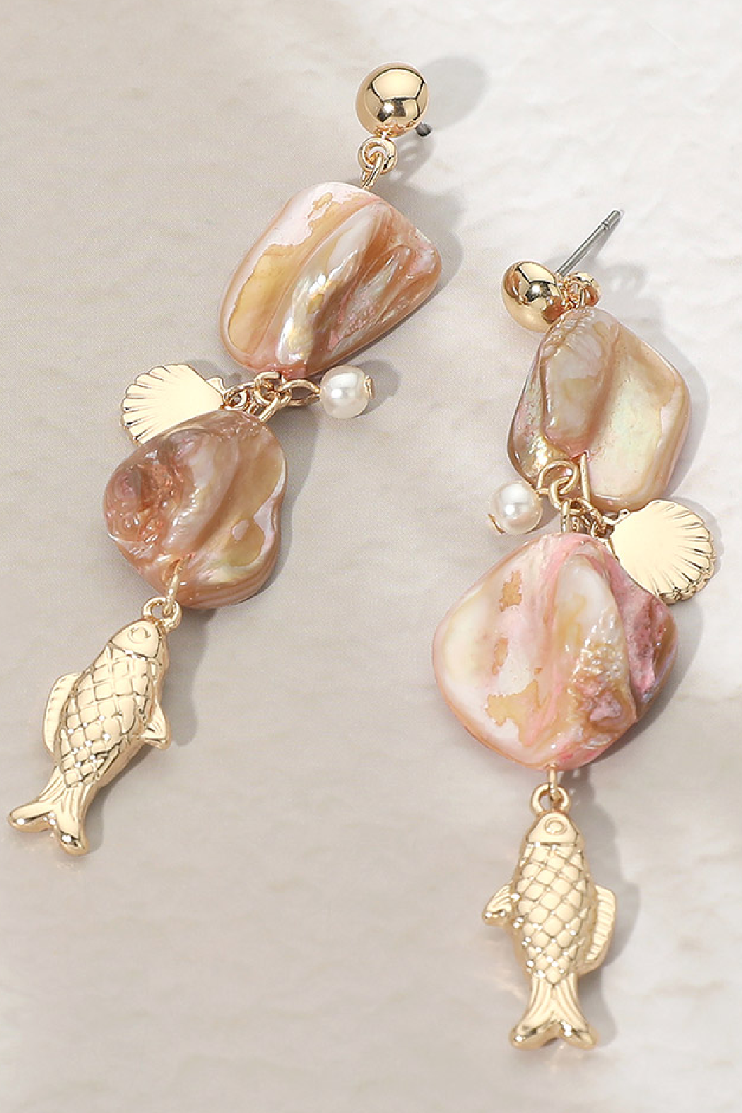 Shell Bead and Fish Earrings