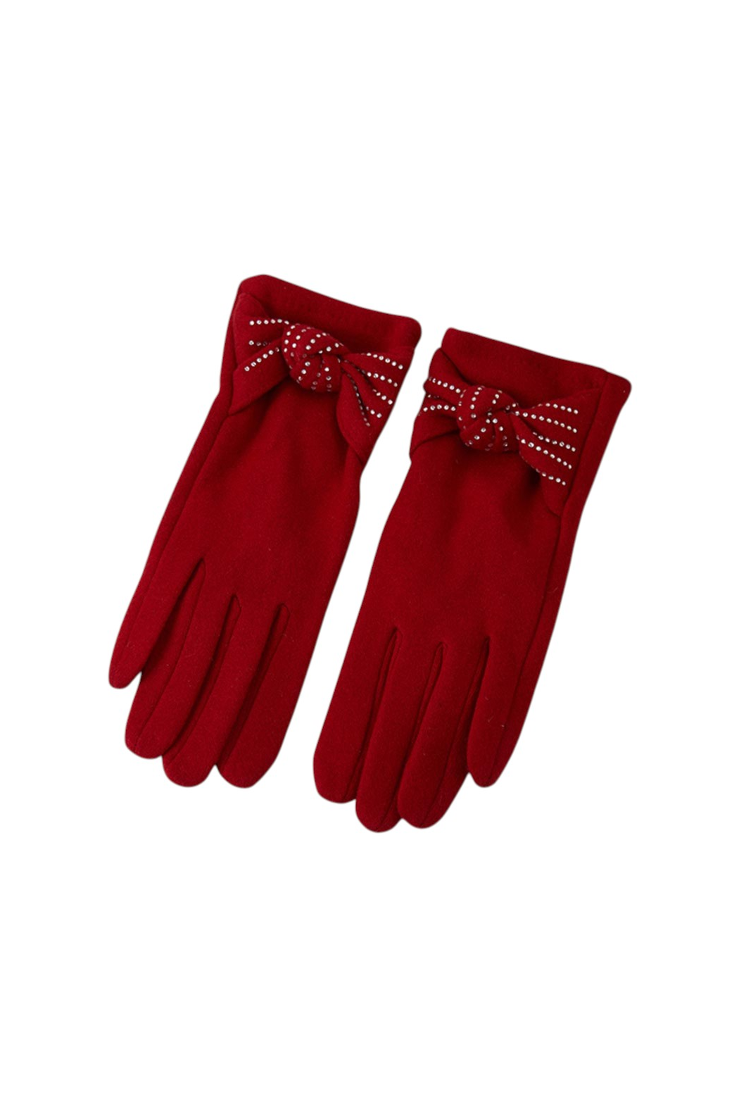 Red texting gloves with crystal bow detail and stitched grip pattern on fingers
