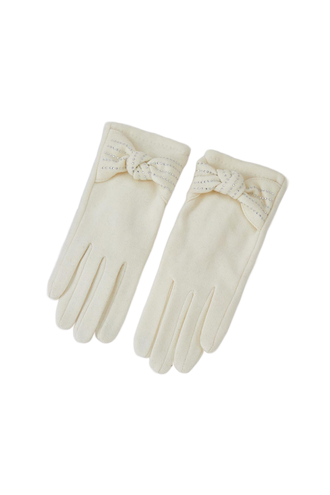 Ivory texting gloves with crystal bow detail at the wrist and stitched finger panels