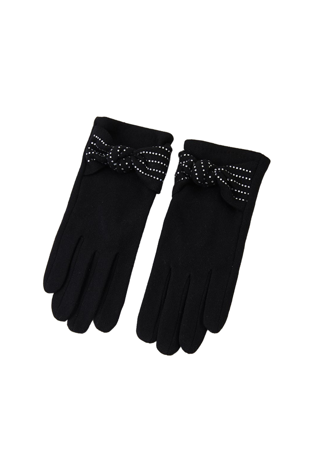 Black texting gloves with crystal bow accents at the wrist and fingerless design