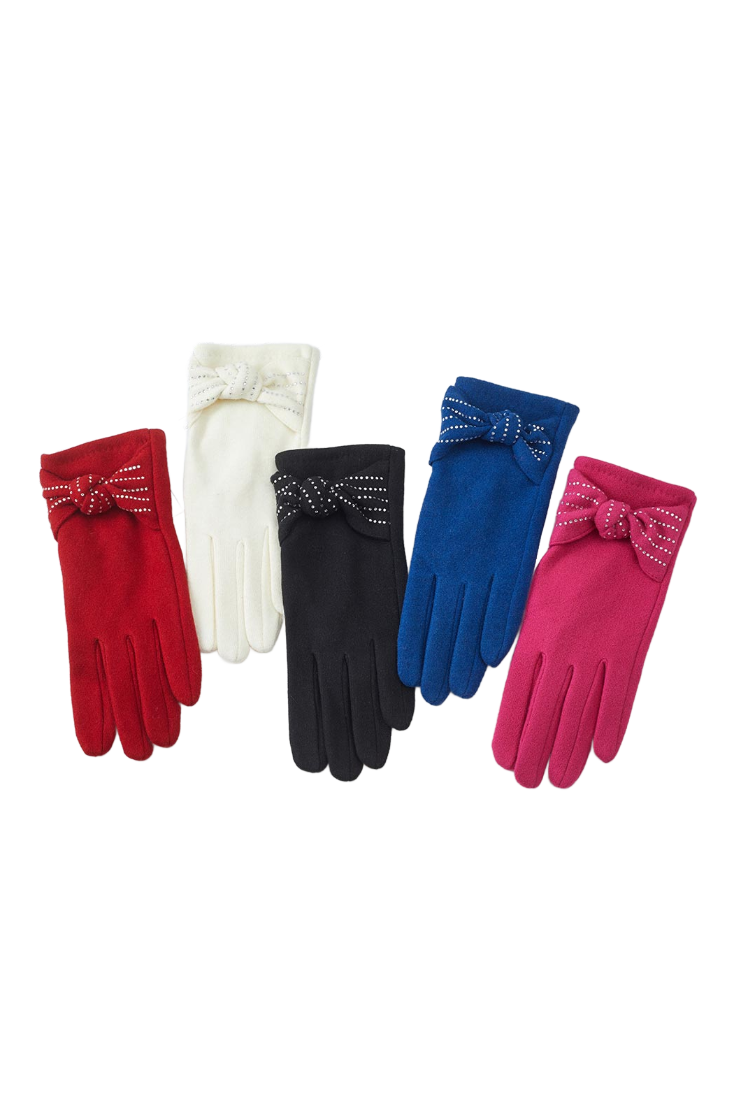 Assorted crystal bow texting gloves in ivory, black, navy, red, and fuchsia