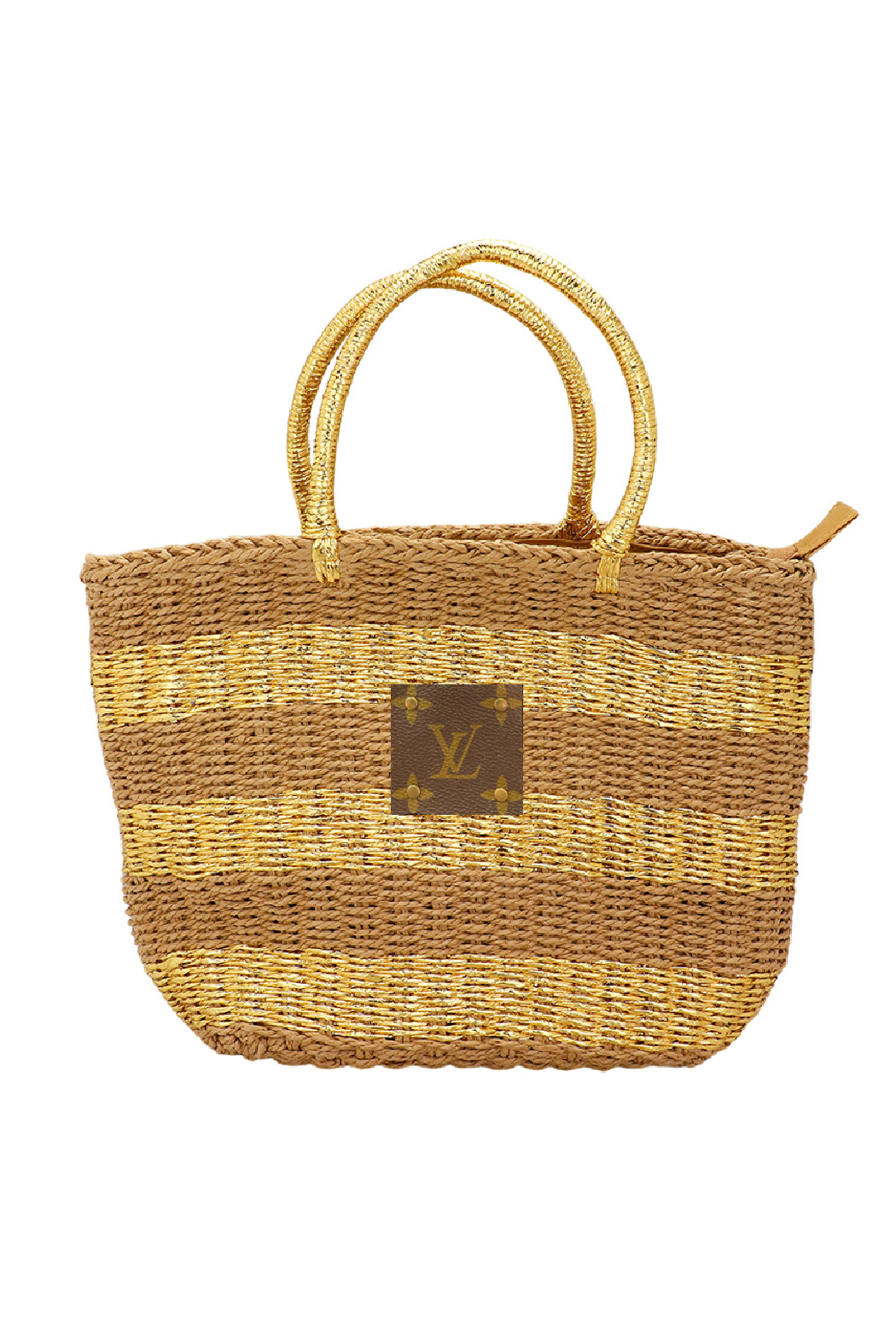 Upcycled Gold Accented Straw Tote Bag
