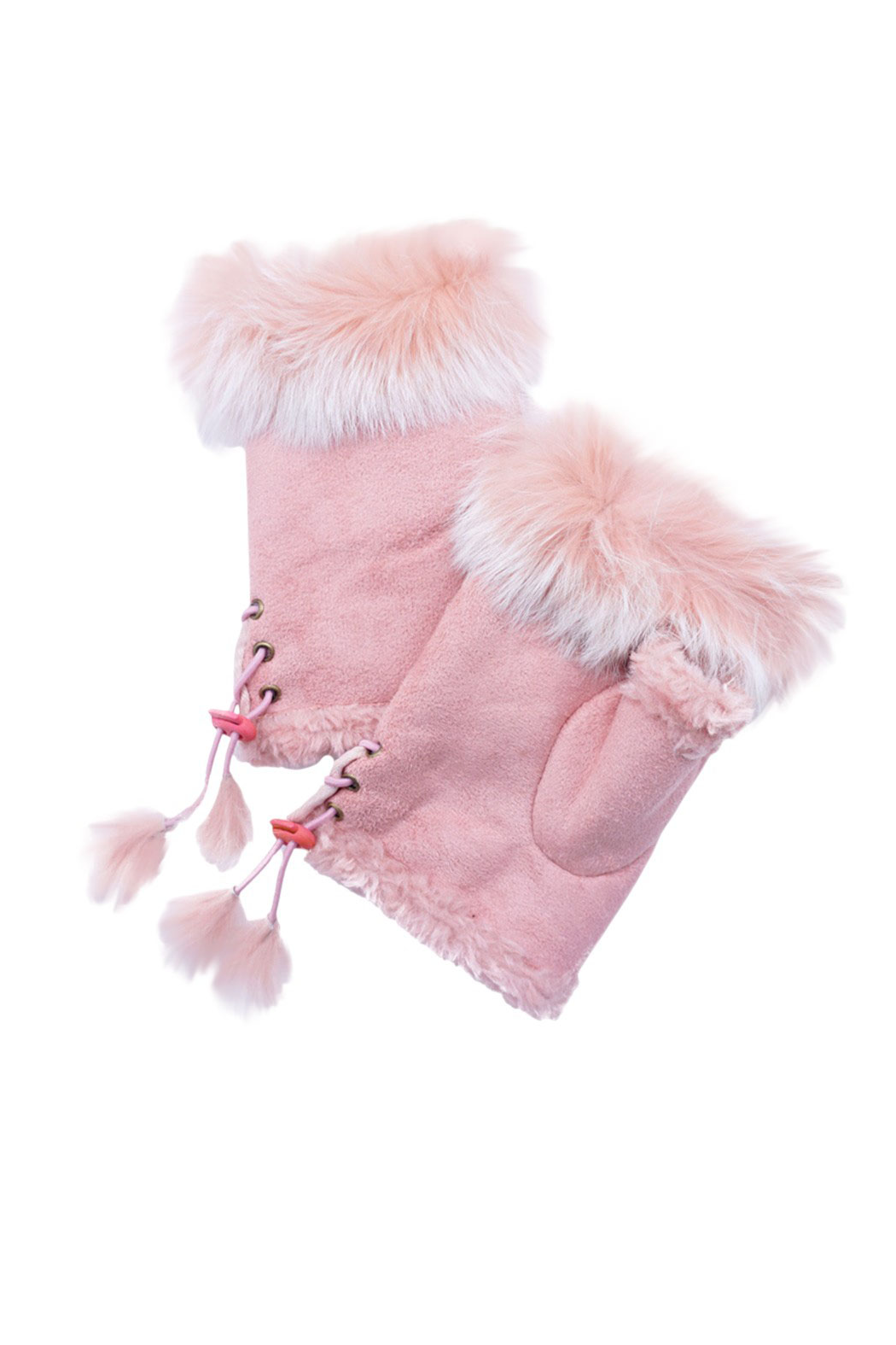 Pink suede fingerless gloves with pale pink faux-fur trim and lace-up sides