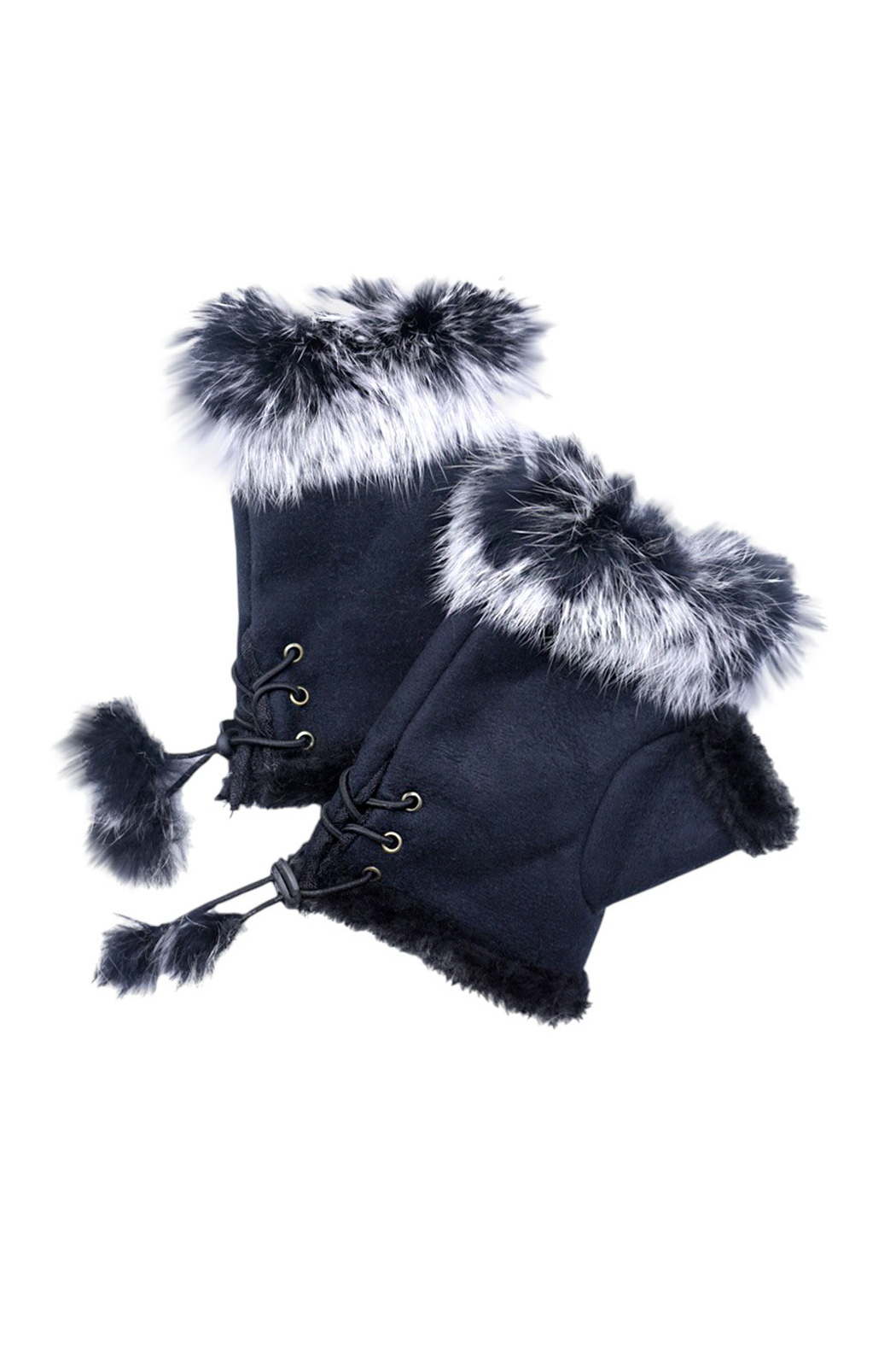 Navy suede fingerless gloves with black-and-white faux-fur trim, lace-up front