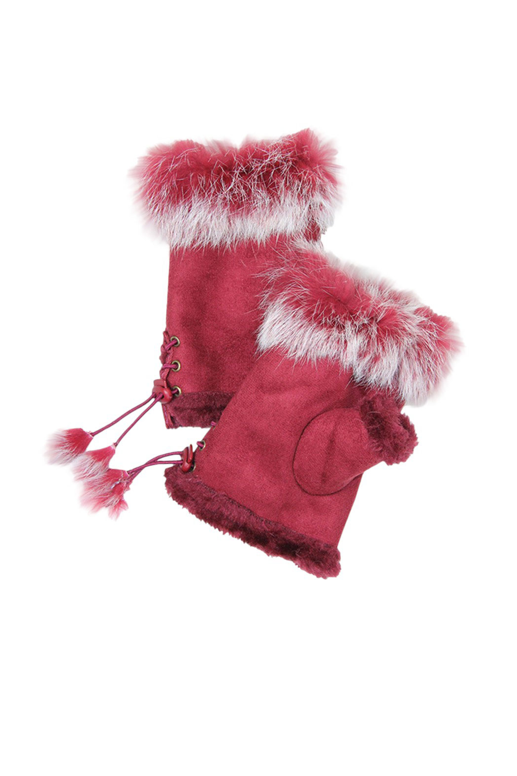 Red suede fingerless gloves with white faux-fur trim, lace-up sides, tassel accents
