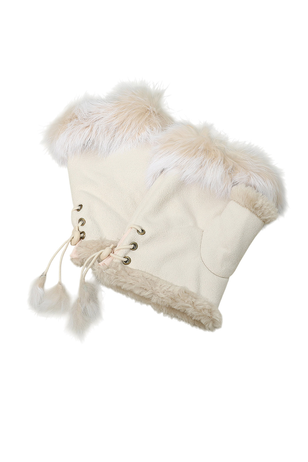 Cream suede fingerless gloves with light faux-fur trim and lace-up sides