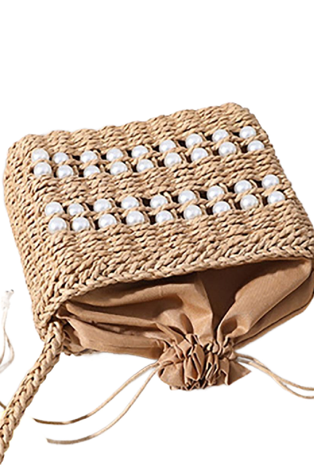 Pearl and Straw Drawstring Crossbody Bag
