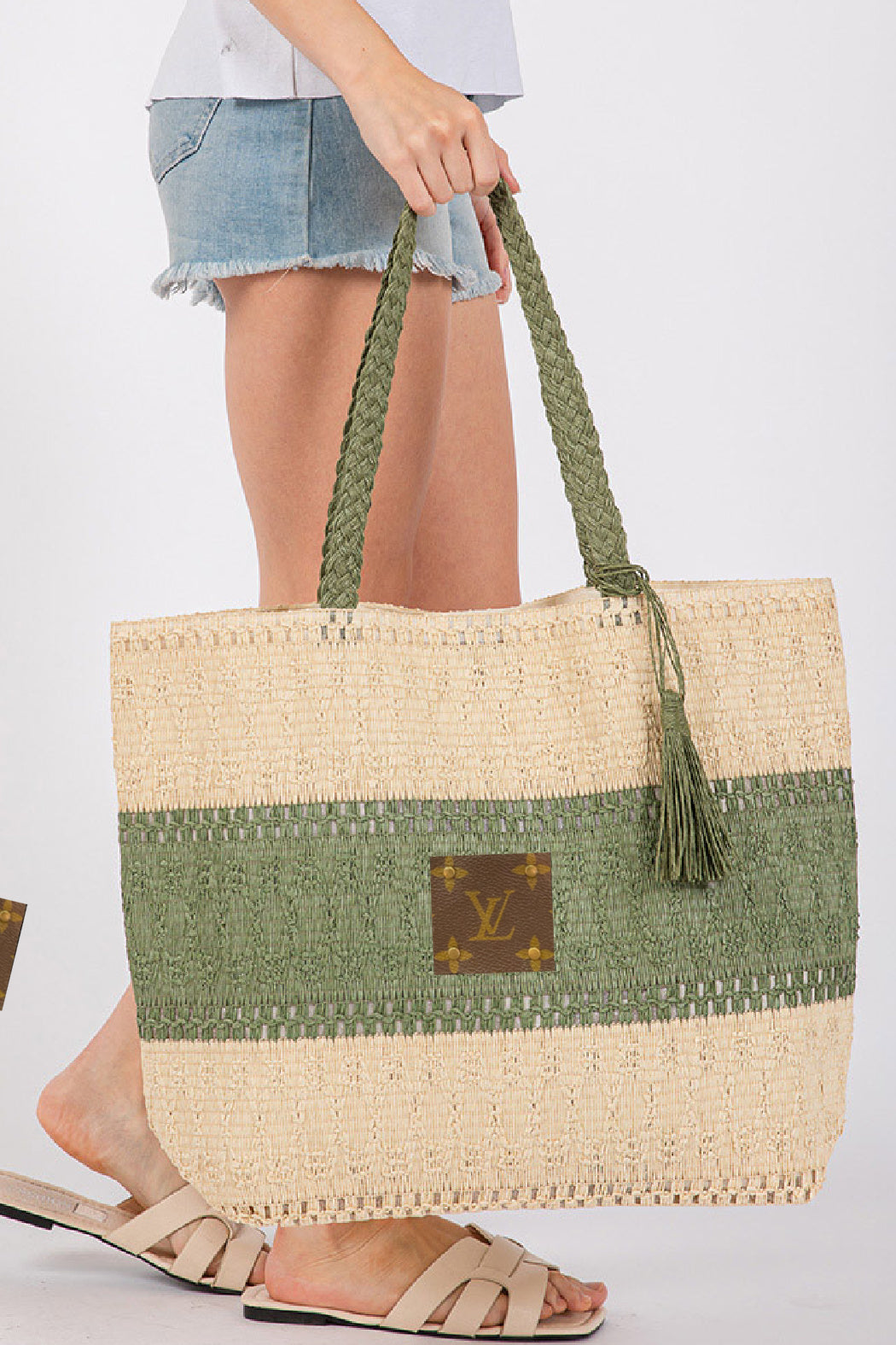 Upcycled Straw Color Block Tote
