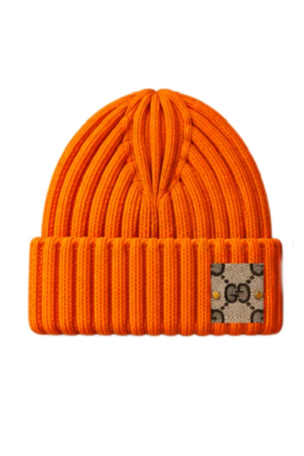 Orange wide-rib knit beanie with fold-over cuff and GG logo patch