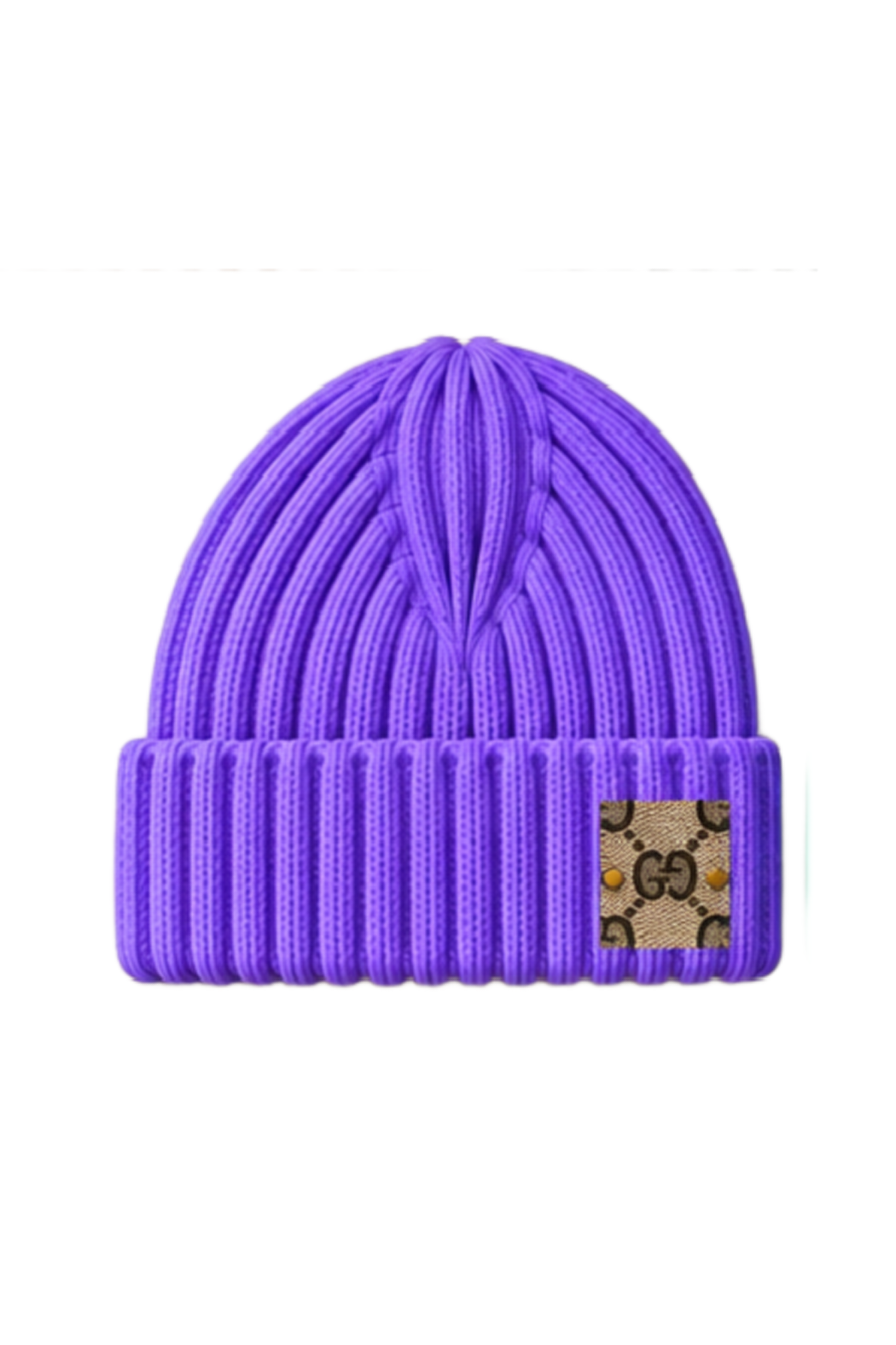 Lavender wide-rib knit beanie with fold-over cuff and GG logo patch