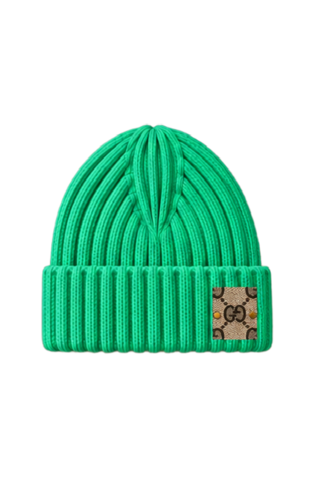 Green wide-rib knit beanie with fold-over cuff and GG logo patch