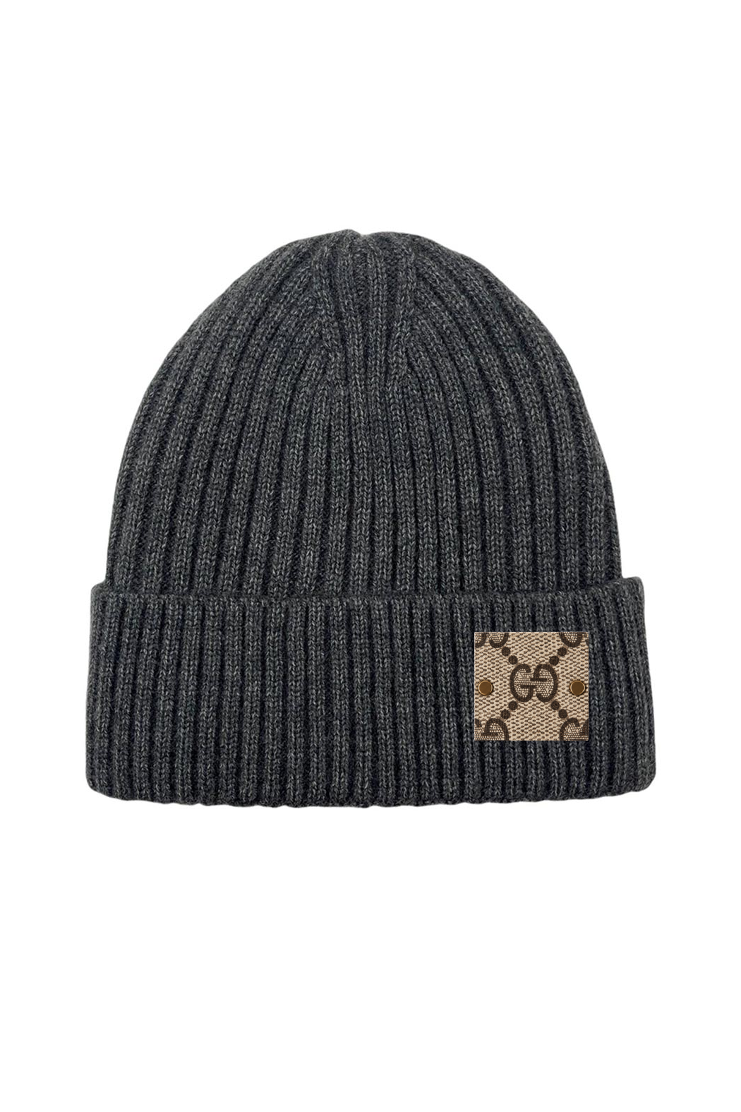 Charcoal gray wide-rib knit beanie with fold-over cuff and GG logo patch