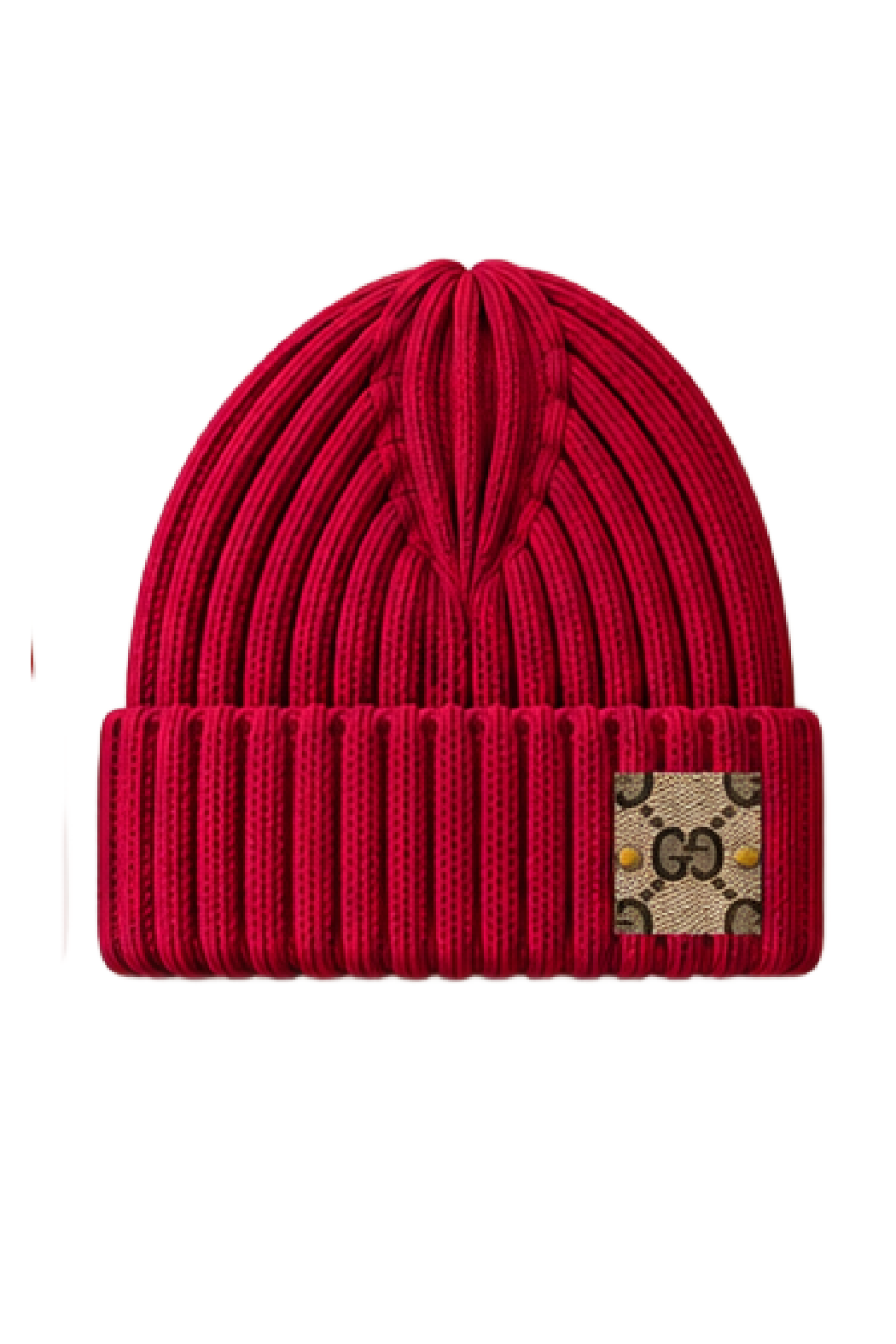 Upcycled Gucci beanie in deep red ribbed knit with folded cuff and GG logo patch