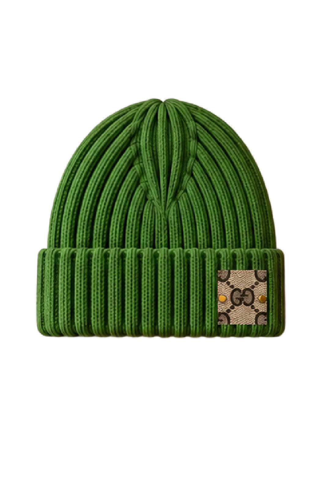 Dark green wide-rib knit beanie with fold-over cuff and GG logo patch