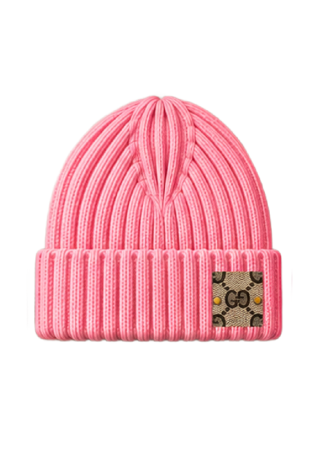 Upcycled Gucci beanie in light pink ribbed knit with folded cuff and GG logo patch