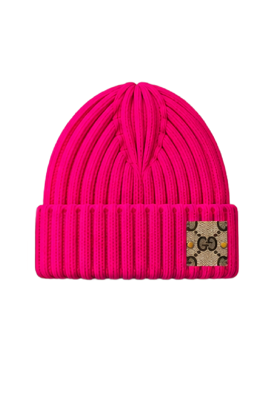 Fuchsia wide-rib knit beanie with fold-over cuff and GG logo patch