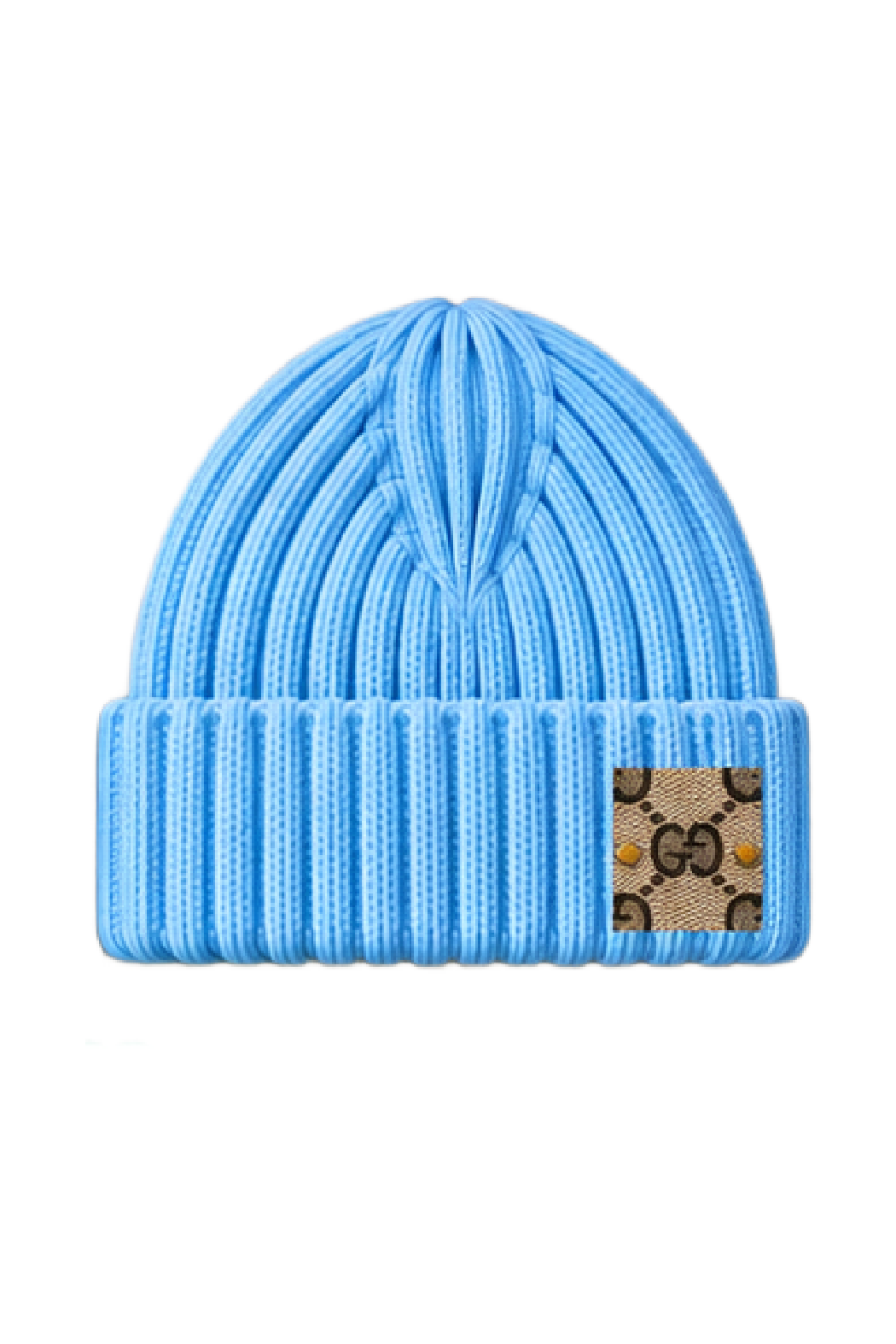 Upcycled Gucci beanie in light blue ribbed knit with folded cuff and GG logo patch