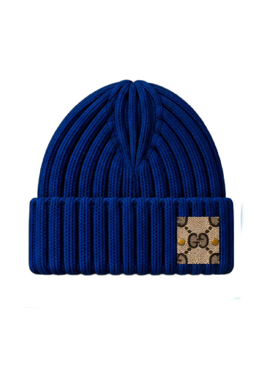 Upcycled Gucci beanie in navy ribbed knit with folded cuff and GG logo patch