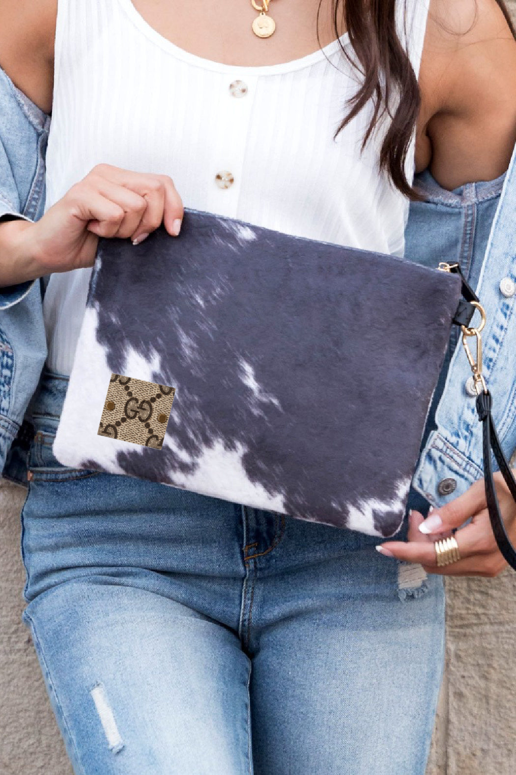 Upcycled Gucci Faux Fur Cow Pattern Wristlet