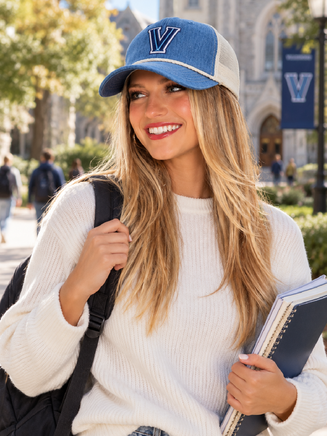 Blue padded denim trucker cap with Villanova V logo and white mesh back