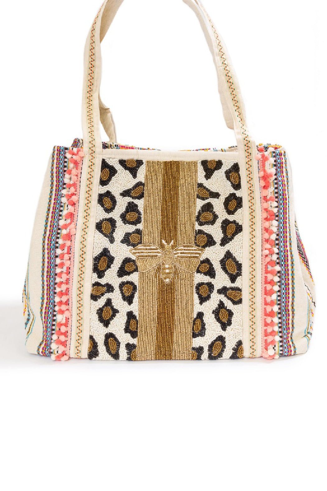 Beaded Leopard Print and Bee Tote Crossbody Bag