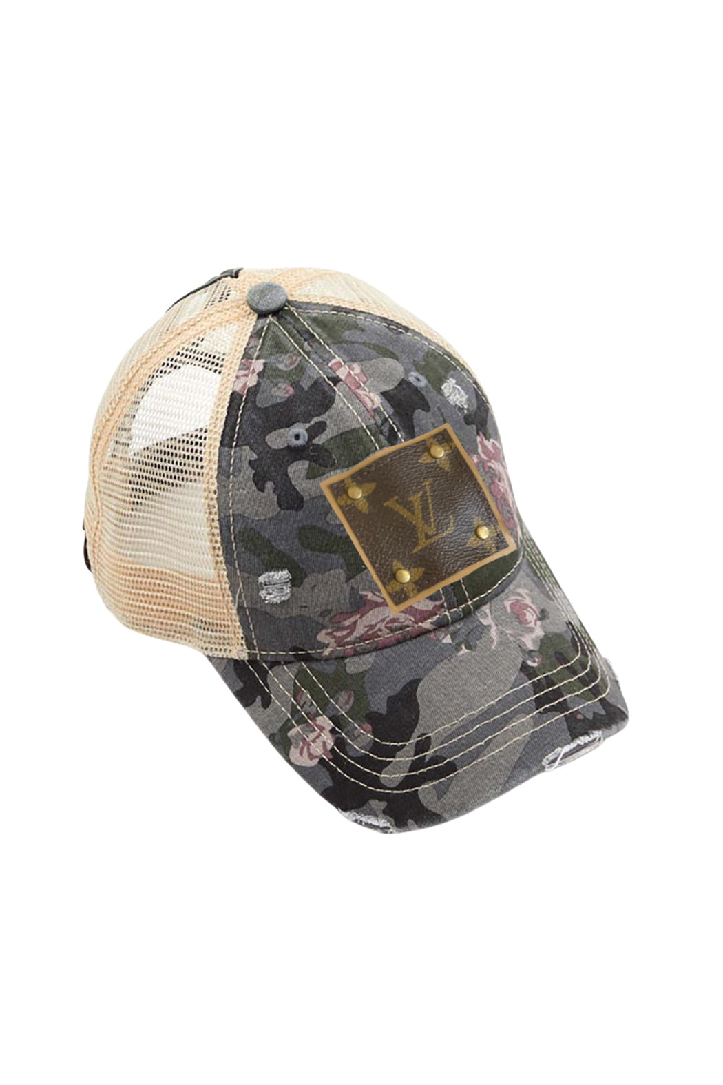 Up-Cycled Camo and Roses Baseball Cap