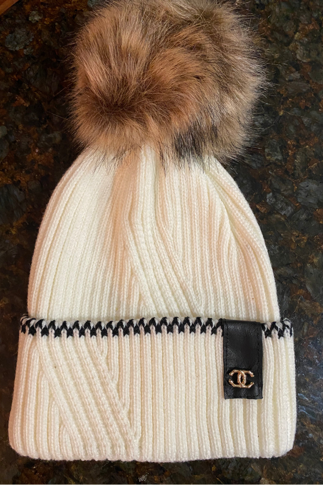 Up-Cycled Chanel Detail Pom Beanie - Embellish Your Life 