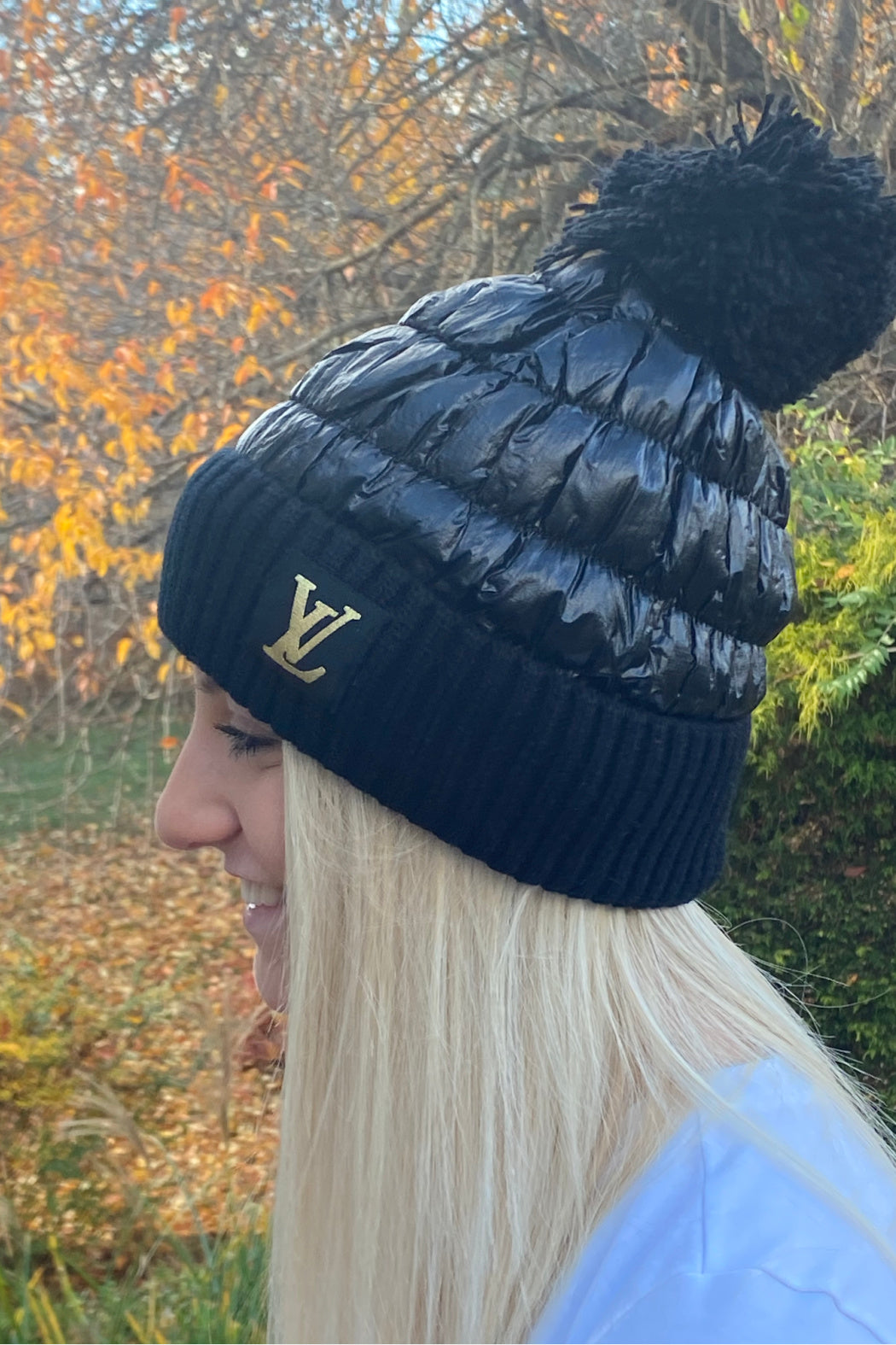 Quilted Beanie with Louis V Inspired Detail - Embellish Your Life 