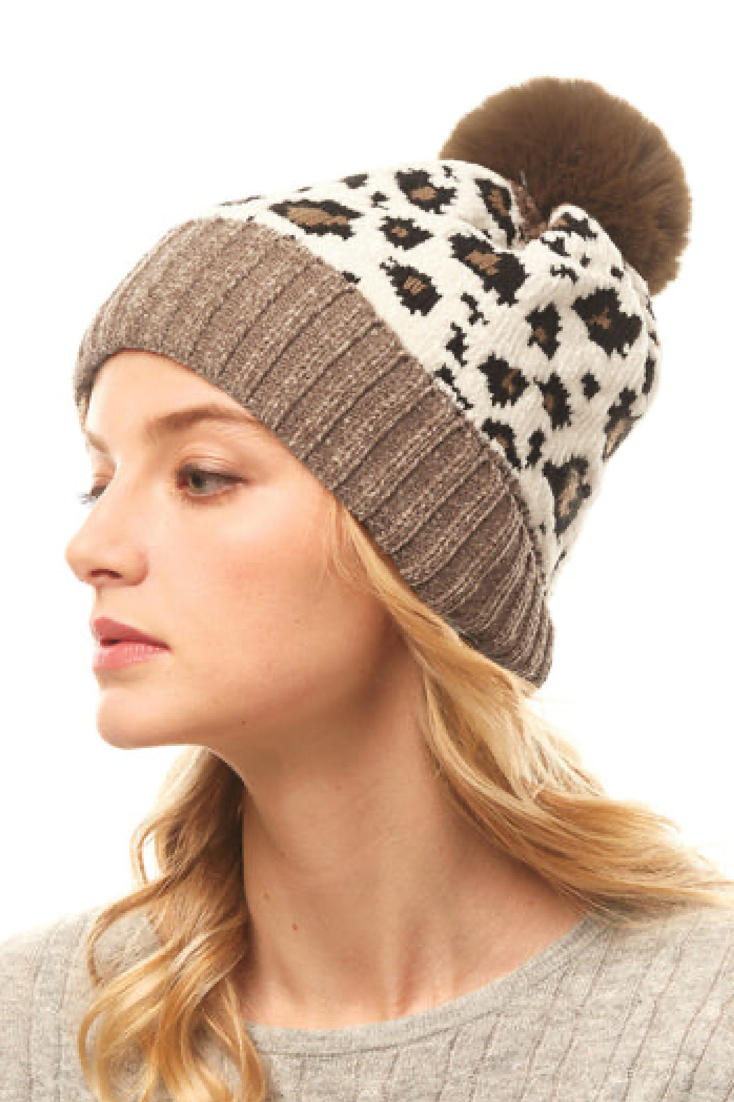 Leopard Chenille Knit with Pom Beanie