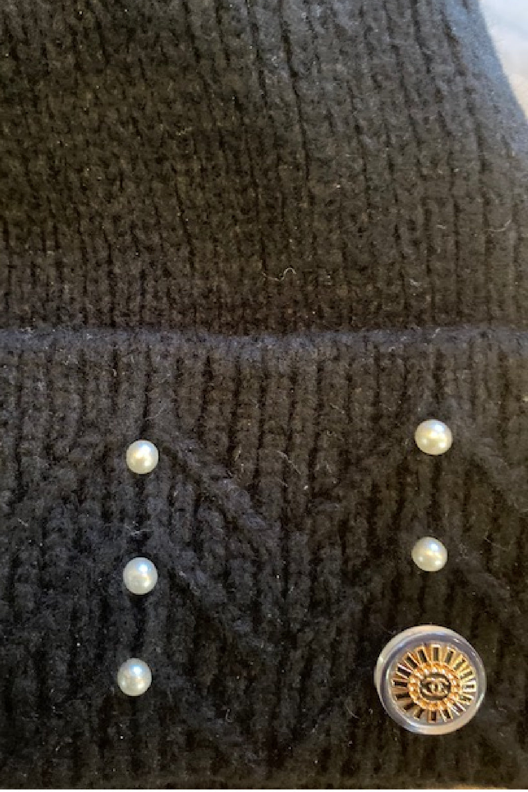 Upcycled Chanel Button and Pearl Knit Beanie