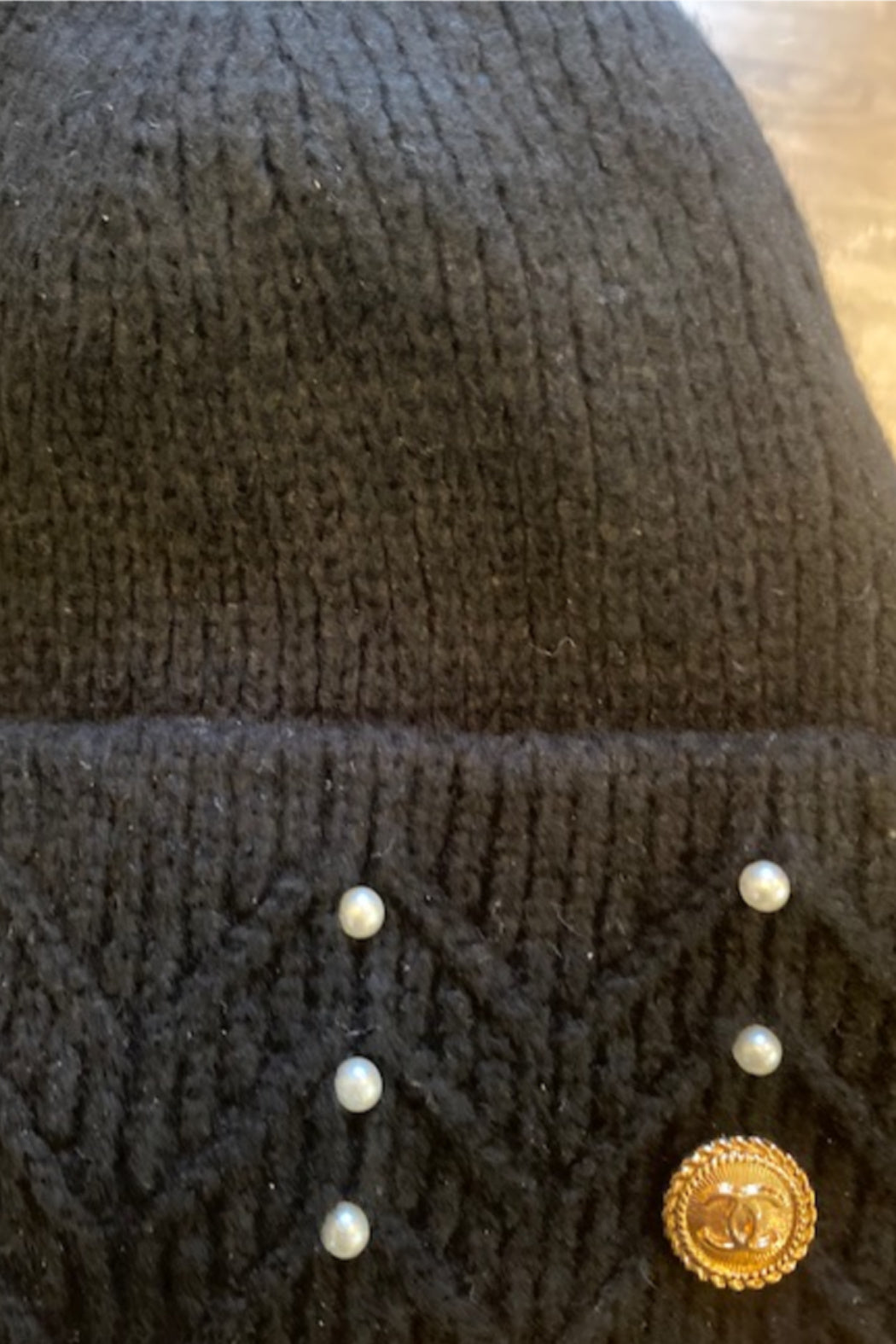 Upcycled Chanel Button and Pearl Knit Beanie